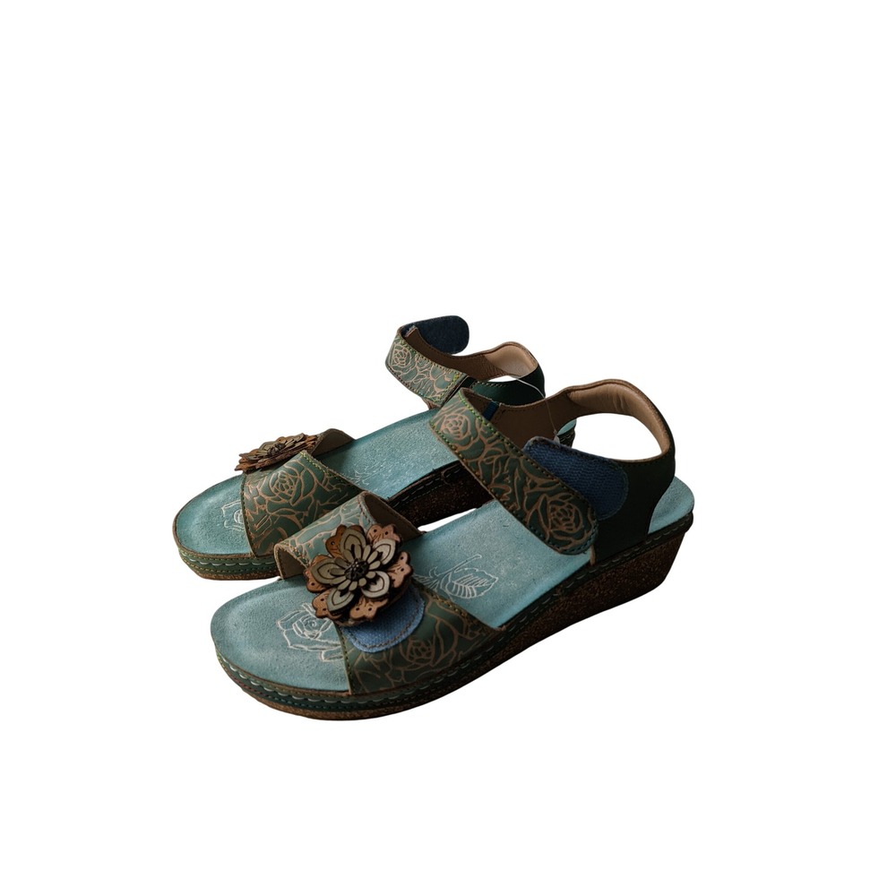 L'Artiste Spring Step Cuteness Teal Floral Leather Wedge Sandals EU 39 US 8.5